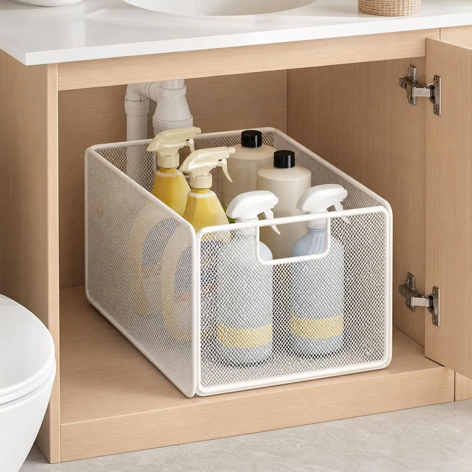 Spacious Mesh Sink Organizer Basket with Pull Handle Rectangular Iron Storage Container for Under Counter Cabinet Cleaning Tool