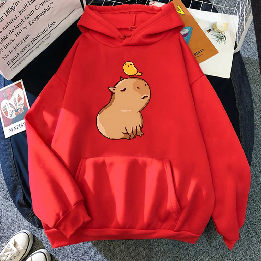 Capybara with His Bird Friend Hoodies Women Kawaii Animal Cartoon Graphic Sweatshirt Boys/girls Long Sleeve Mens Top Y2k Clothes