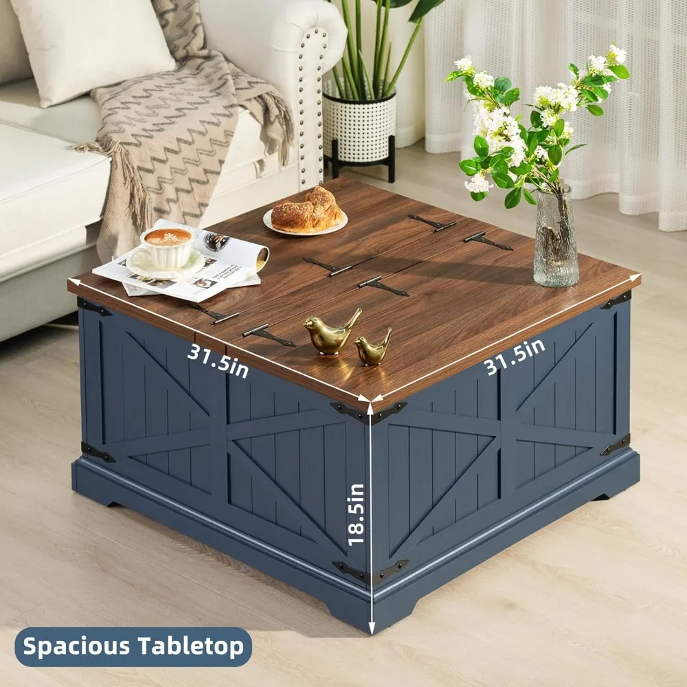 Rustic Modern Farmhouse Coffee Table Navy Blue Square Storage Compartment Living Room Furniture