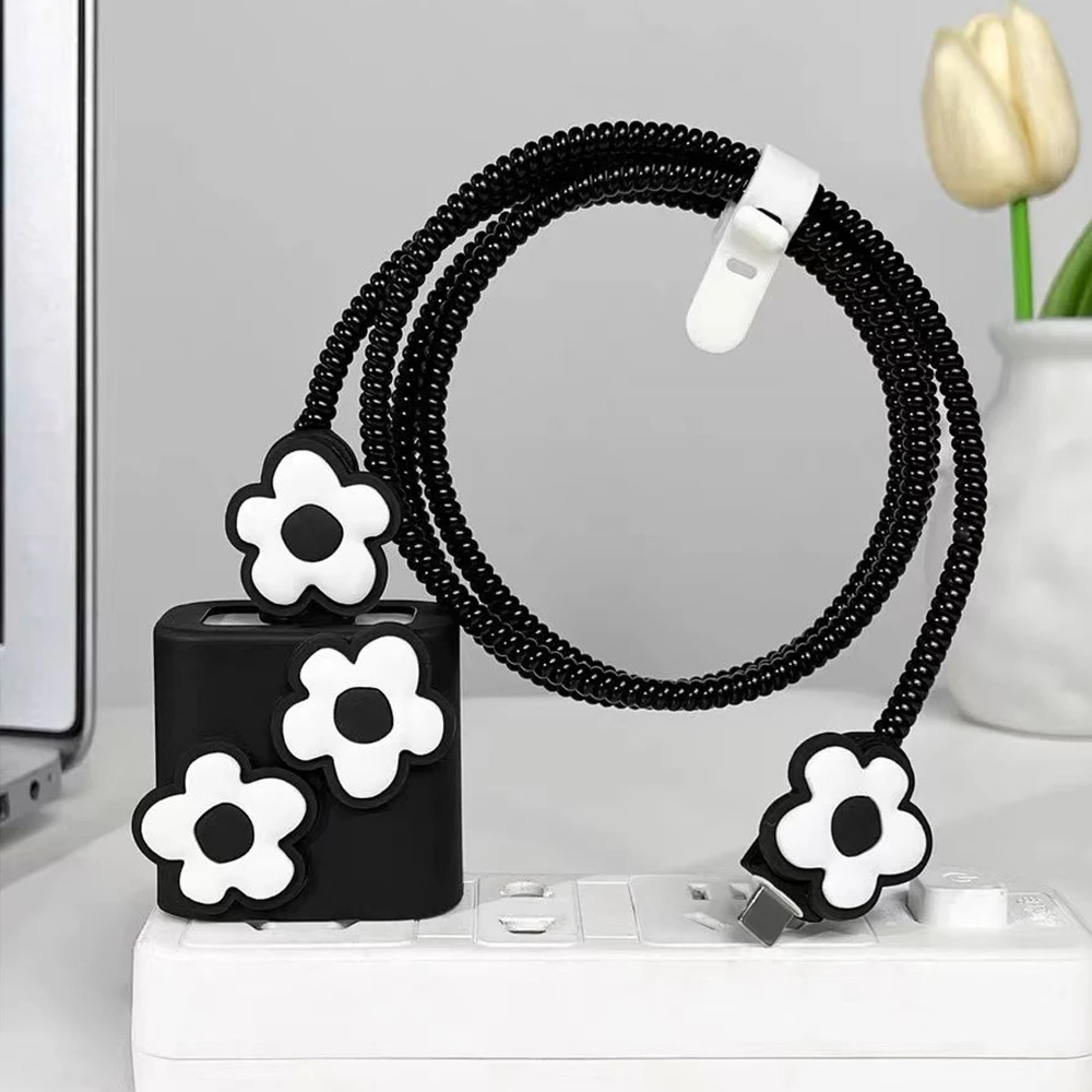 Flowers Charger Protective Case For iPhone 17 Pro Max 16 15 Anti-Brake Cable Organizer For Apple 18W 20W Charger Silicone Sleeve