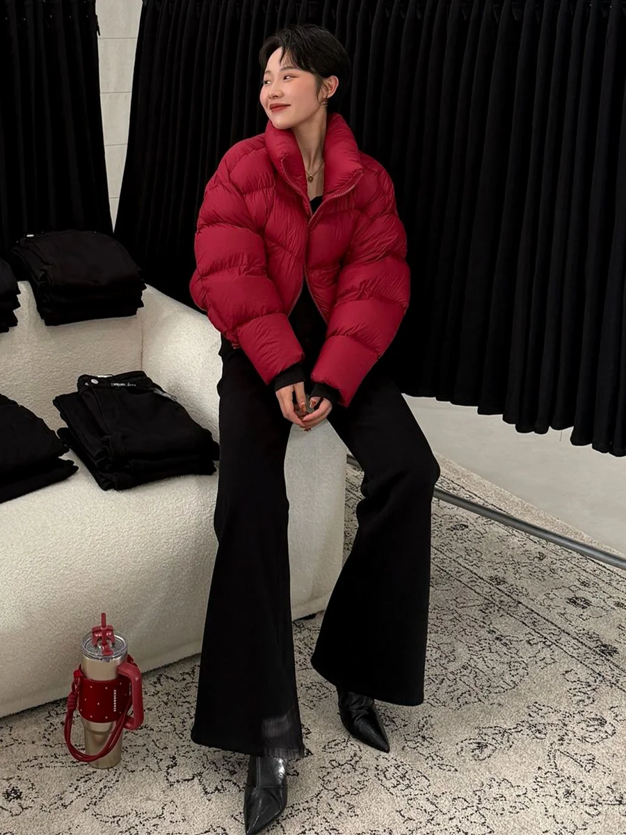 

Красная или белая женская модная универсальная теплая пуховая куртка-пуховик с воротником-стойкой, зимняя верхняя одежда 2026