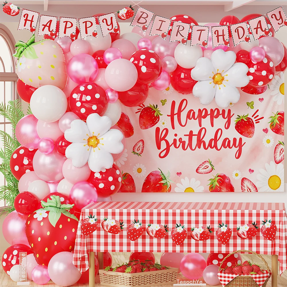 

Strawberry Balloon Arch Kit 117pcs Red Polka Dot Hot Pink Pearl Ballon Daisy Foil Ball Berry 1st Birthday Shortcake Party Decor