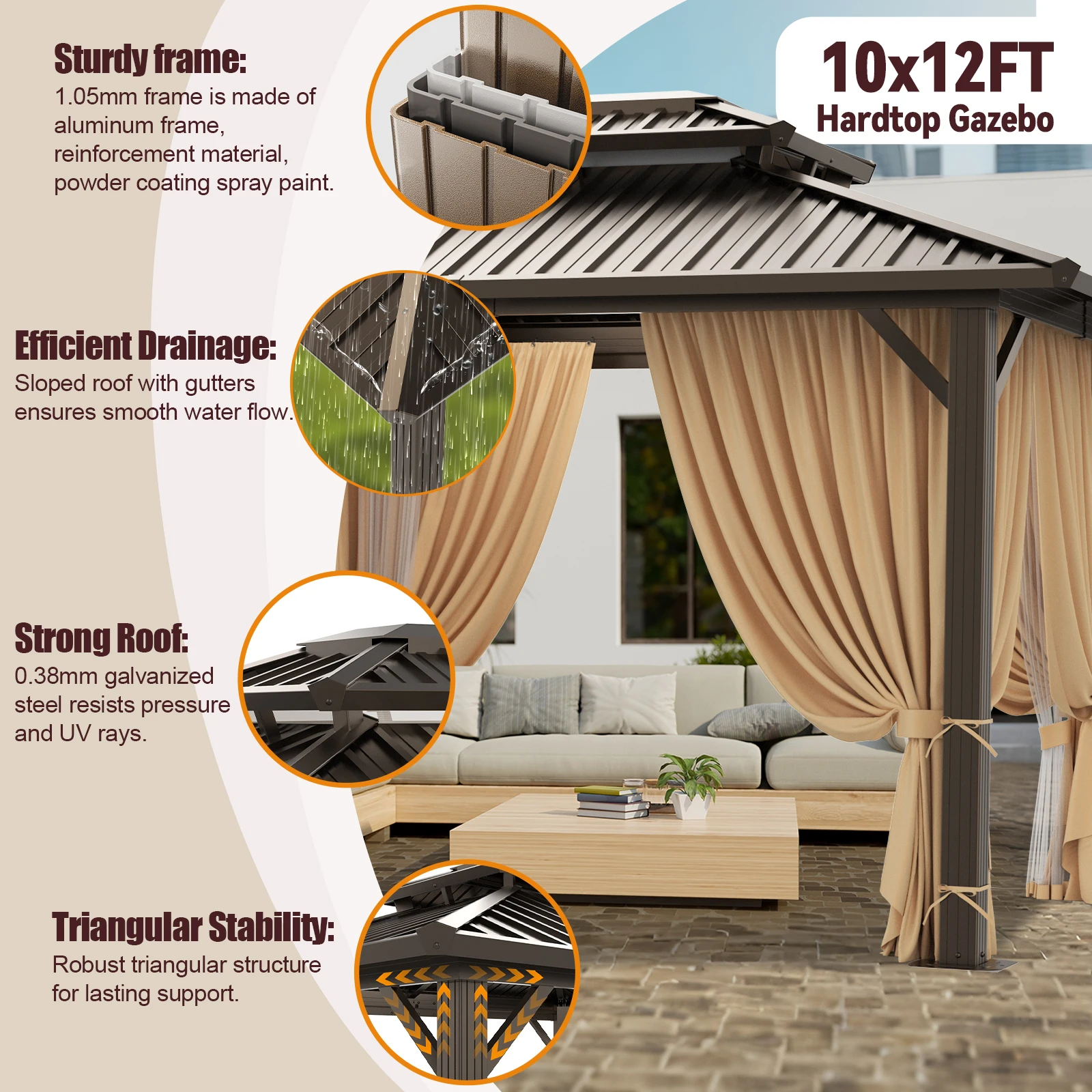 10x12 Hardtop Gazebo, Heavy Duty Galvanized Steel Double Roof Metal Gazebo with Netting and Curtains, Permanent Outdoor Pavilion Pergola for Backyard, Patio, Garden and Lawn, Flame-Resistant Cabana Shelter, Black view 7
