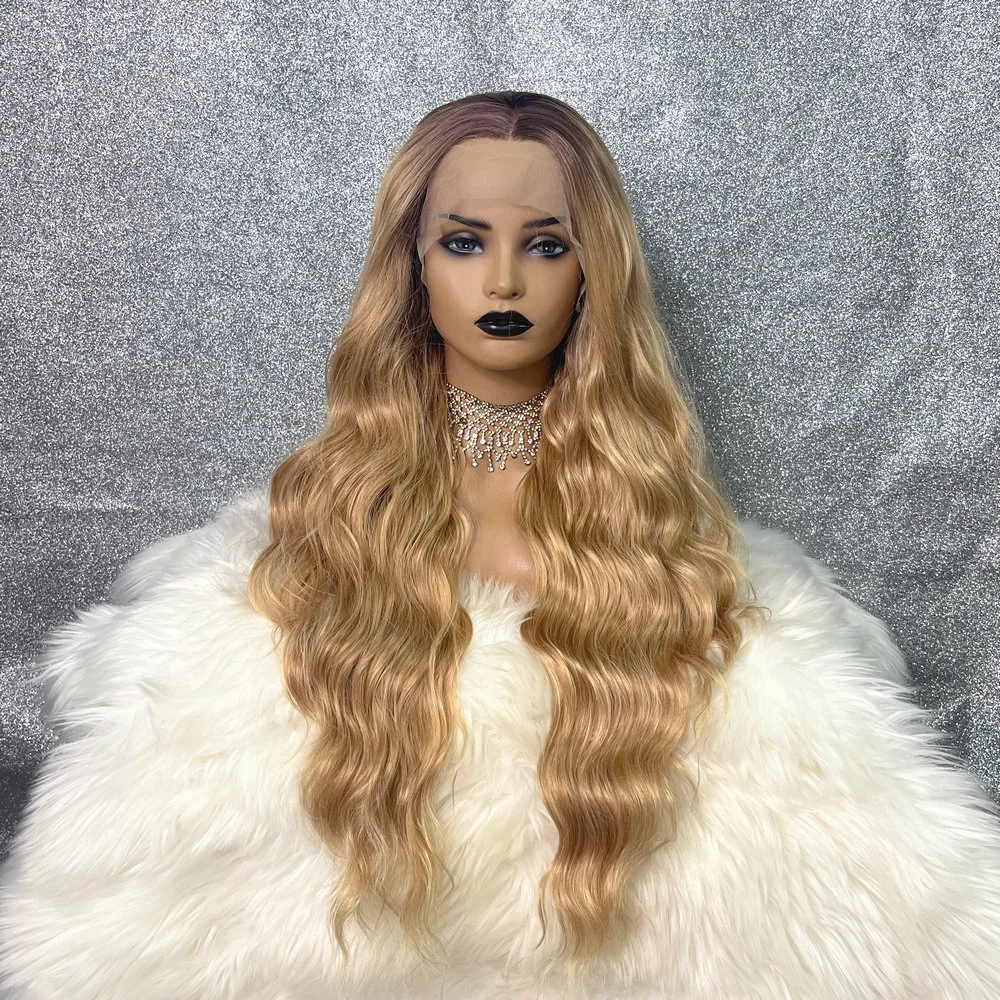 Synthetic Lace Front Wig Ombre Blonde Cosplay Wig For Women Long Wavy 26 inch Body Wavy Brown Root Glueless Curly Wig Drag Queen