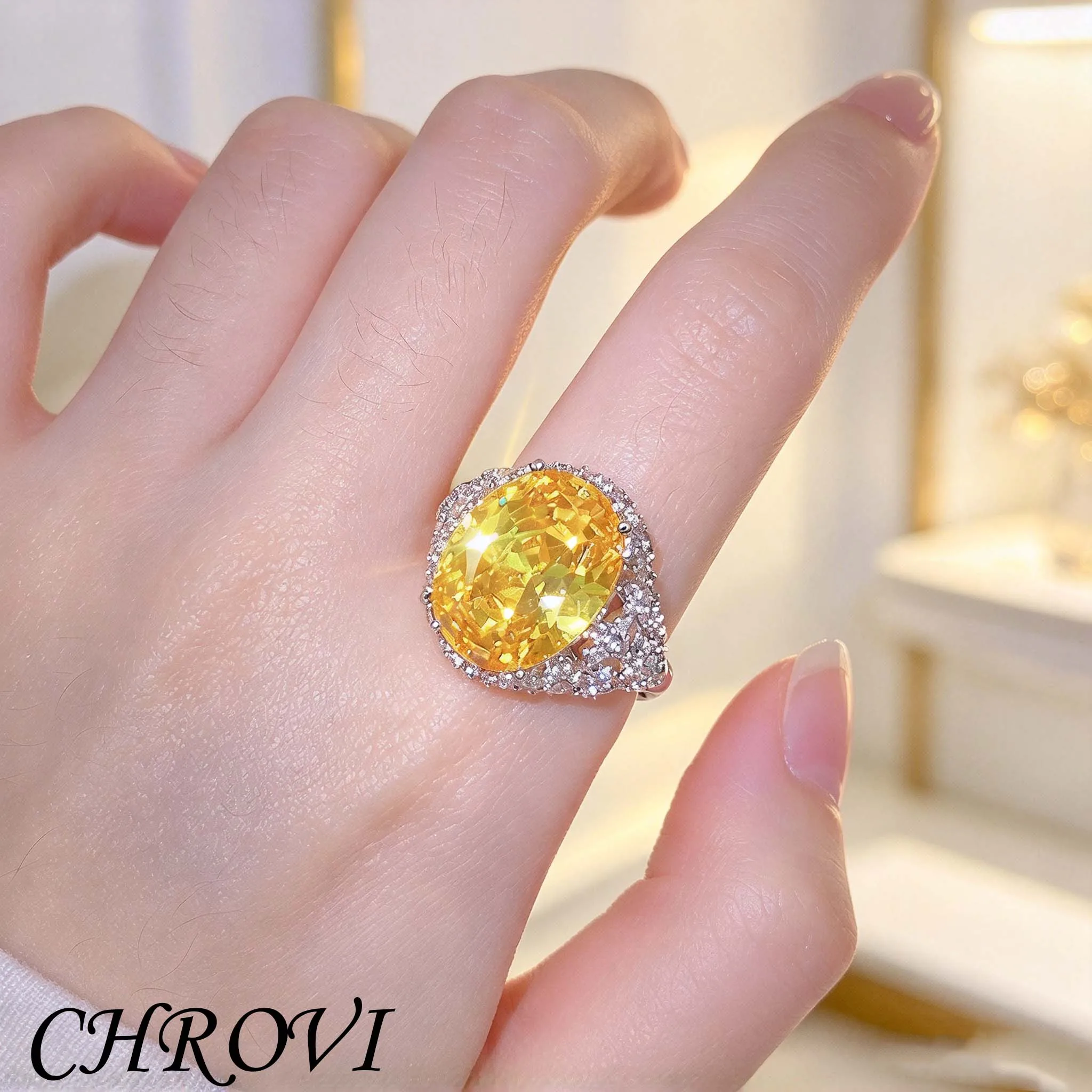 925 silver new model ring - luxurious wedding ring with micro-set diamonds and yellow diamonds, open design