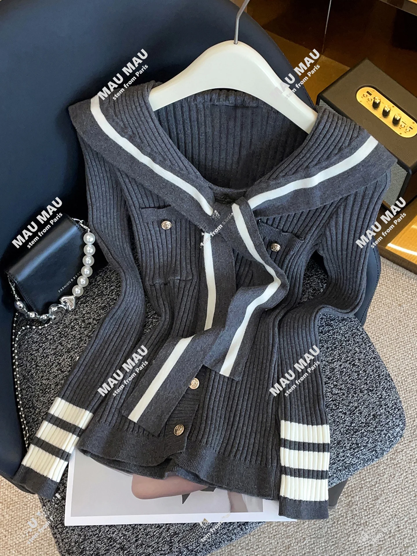 

High-End Women's Knitted Cardigan Navy Collar Belted Style College Fashion Autumn Winter Casual Wear Comfortable Breathable