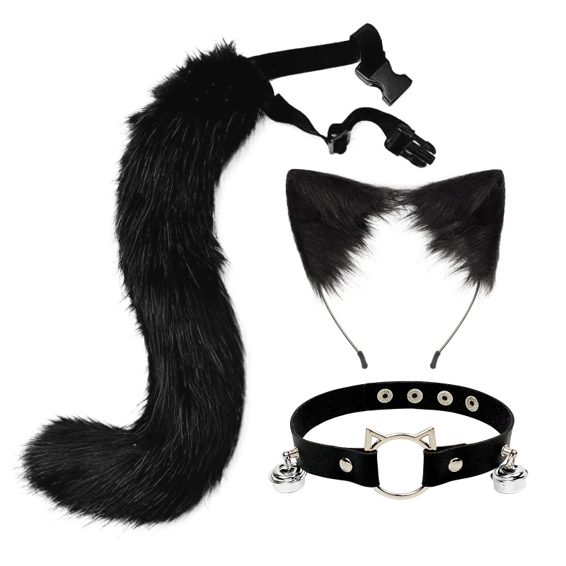 Fluffy Animal Ears Headband Furry for CAT Ears Hair Headwear Hoop Necklace Tail Set Leather Choker for Party Fancy Dres Cosplay