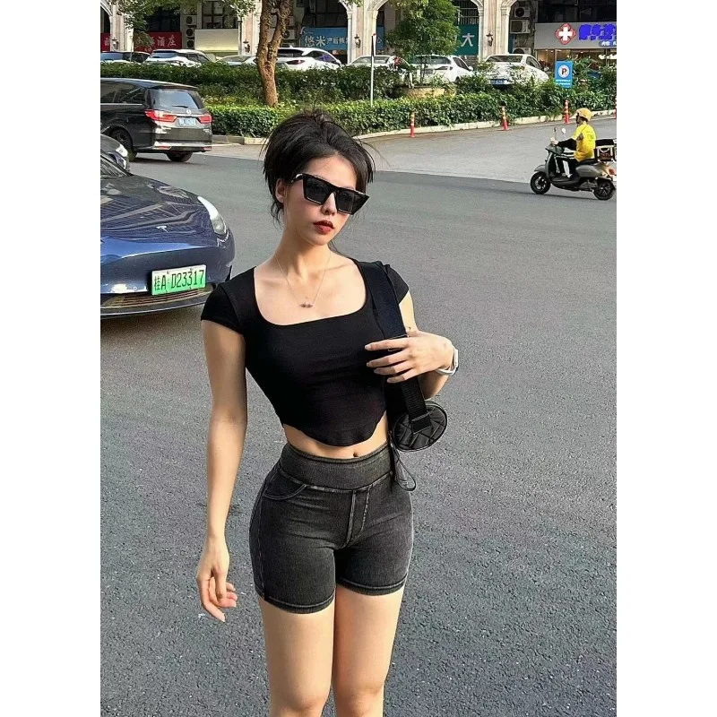 여성용 스포츠 데님 반바지 하이웨이스트 힙업 여름 얇은 타이트 피트니스 핫팬츠