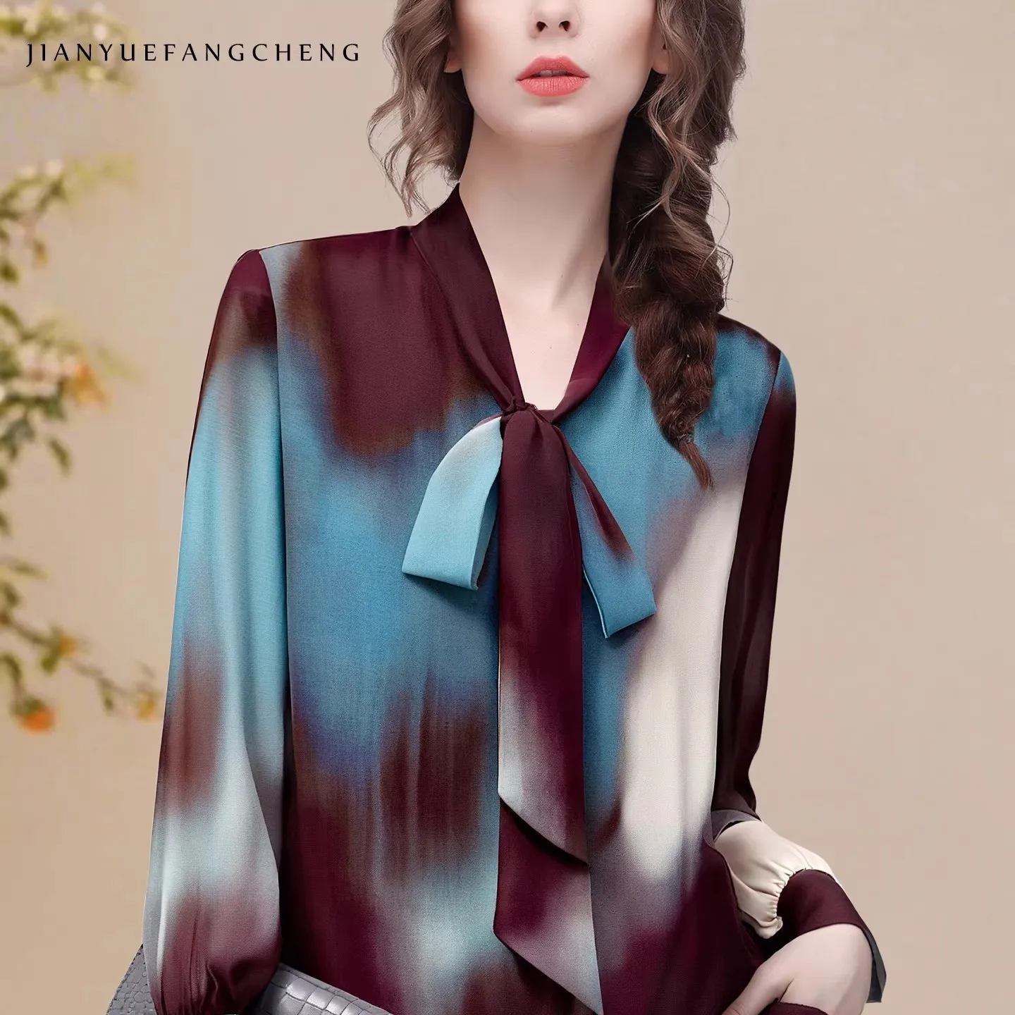 Fashion Gradient colors Women' Chiffon Top Long Sleeve Scarf collar Loose-fitting Casual Spring Summer Cotton Blouses