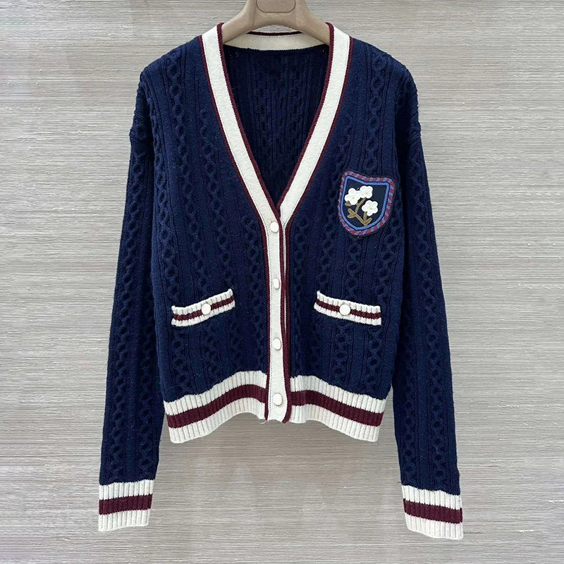 

High-quality women's college-style v-neck embroidered logo single-breasted cardigan fashion sweater popular clothes 25930139