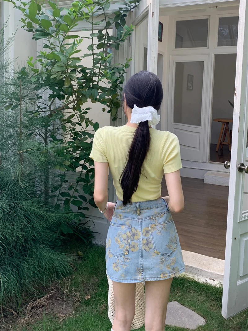 Women Vintage Printed Denim Skirt High Waist Stretch A Line Skirt Slim Fit Hot Girl Bodycon Mini Skirt