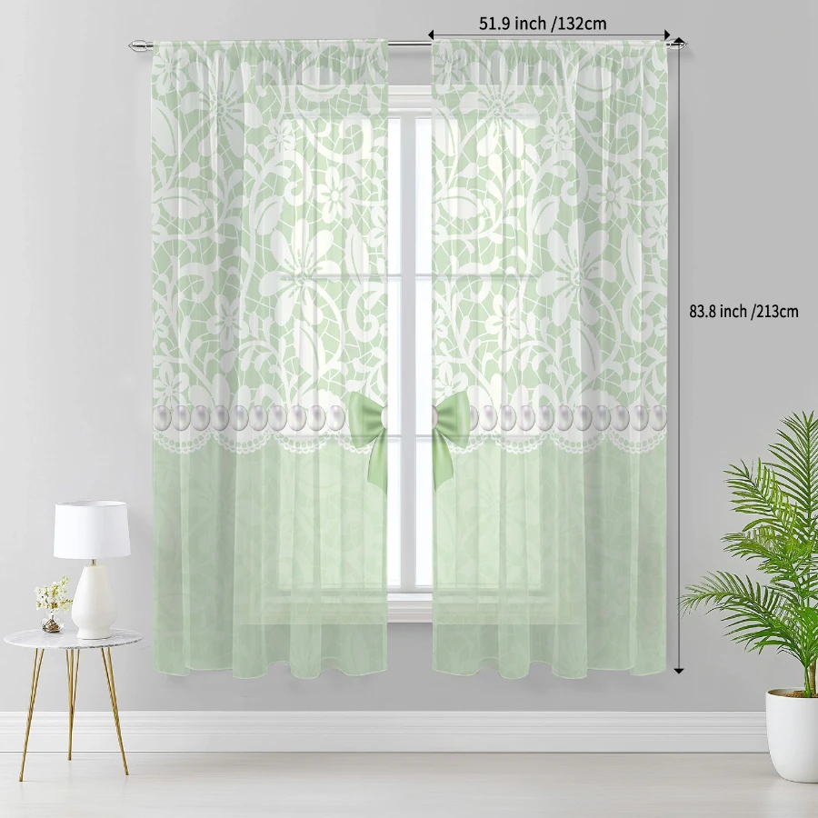 2PCS Digital Print Sheer Curtain, Green Lace Bow, Whimsical Fantasy Window Curtains for Living Room Bedroom Home Decor