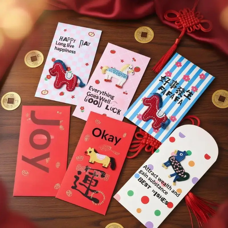 1 pz simpatico cavallo zodiacale design buste rosse in stile cinese per l'anno del cavallo 2026, sacchetto di soldi fortunato ideale per il nuovo anno