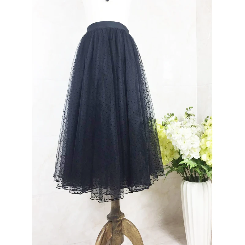 Beautiful Existence Stitching Hepburn Midi Dress Black Dress-Word Large Hem Elastic High Waist Women Mesh Skirt