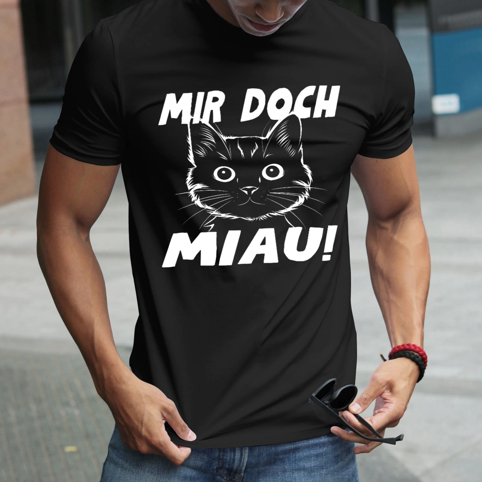 Herren-T-Shirt mit Mir Doch Miau-Katzenmotiv, perfekt für Freizeitkleidung, Partys und Karnevalsoutfits