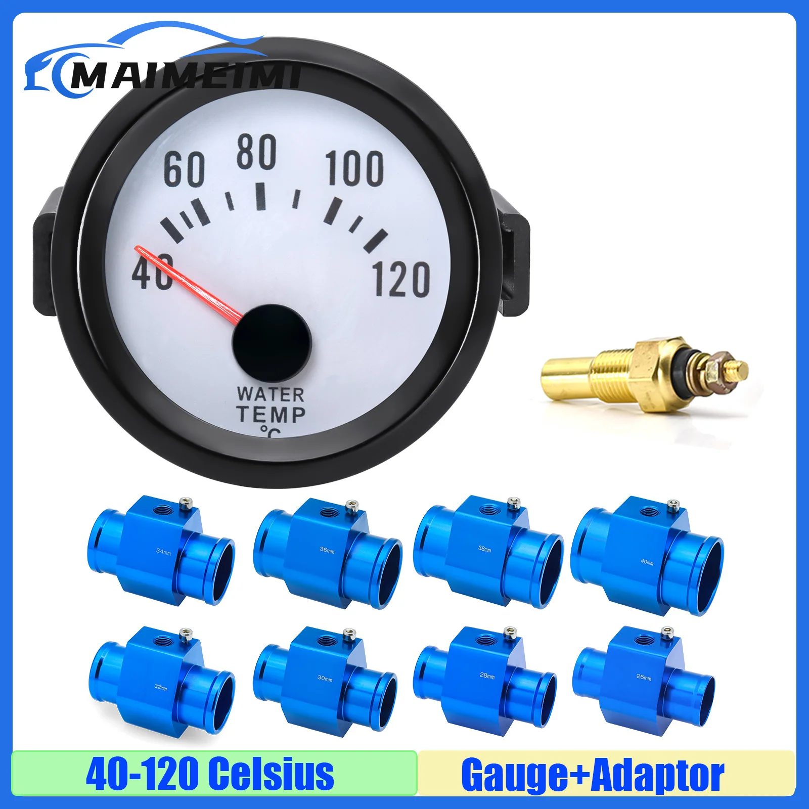 MAIMEIMI Pointer 40-120 ℃ 52mm Water Temperature Gauge with Temp Joint Pipe Sensor 26mm-40mm Hose Adapter Blue Backlight  DC12V