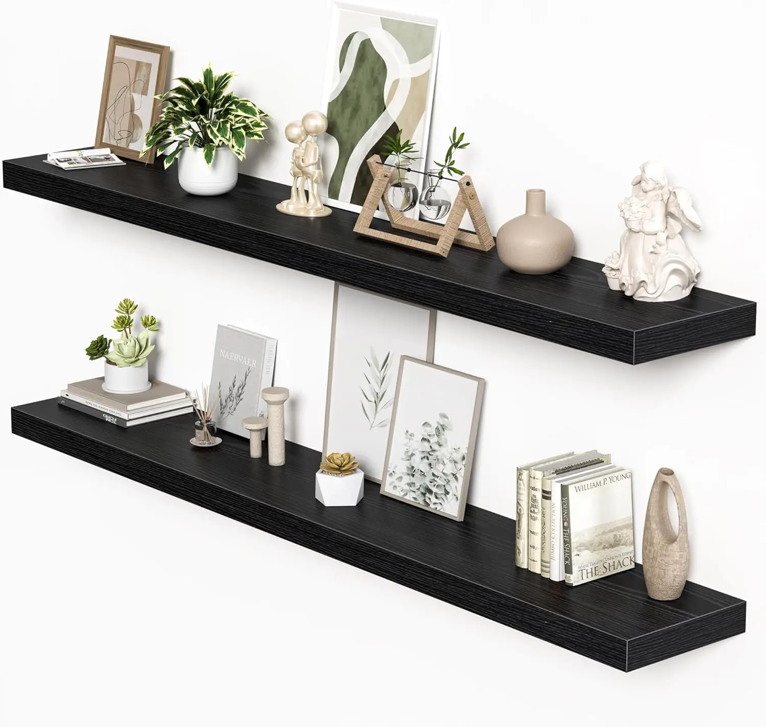 

72" Long Floating Shelves, Set of 2, Black, Heavy Duty 1.5" Thick, Invisible Brackets, for Living Room, Bedroom, Kitchen