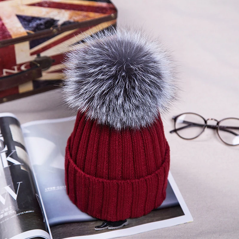 Hot Winter Big Real Fur Pompoms Knitted Beanies Caps New Thick Warm Knit Hats For Girls Women Boy and Child Hat Men