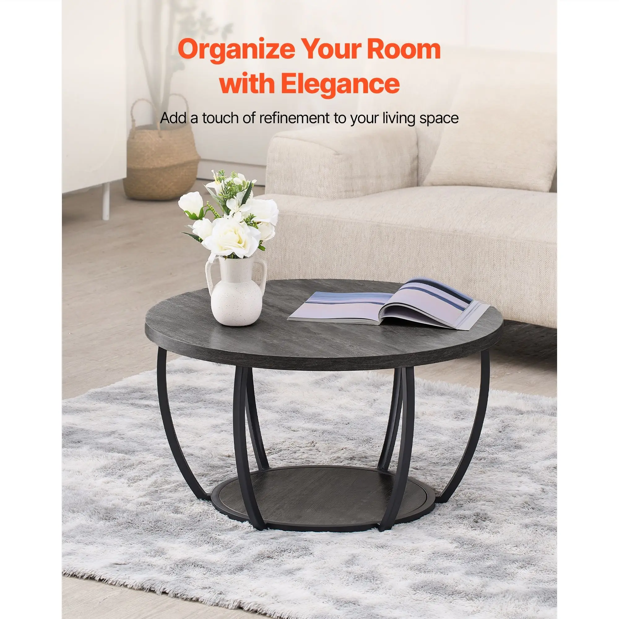 Coffee Table, Modern Round, 2 Tiers Wooden Circle Center Desk with Open Storage, Minimalist Sturdy Metal Frame Accent End for