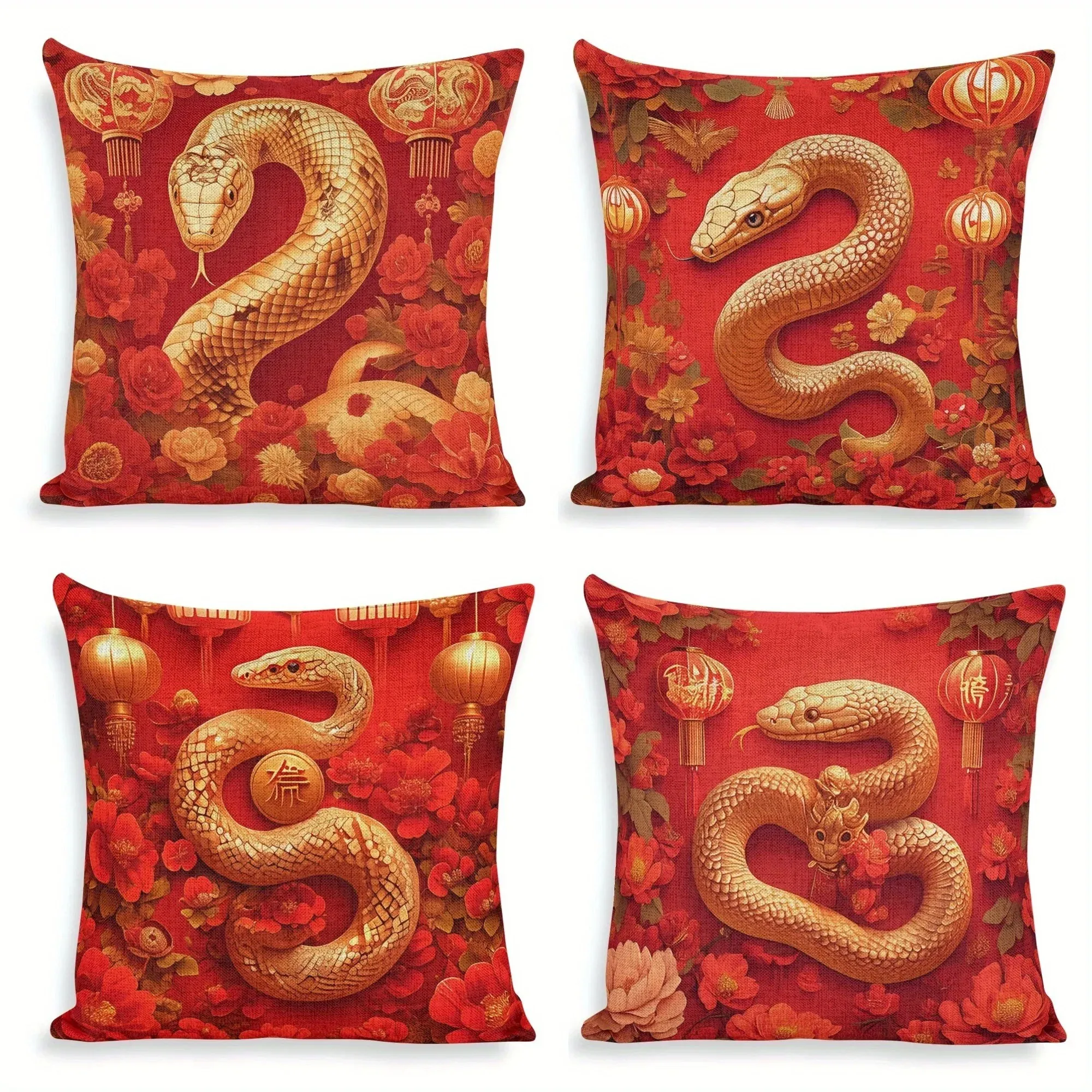 Chinese Zodiac Snake Pillow with Lanterns Pattern Cushion Cover Suitable for Sofa Bedroom Car Pillow Cover