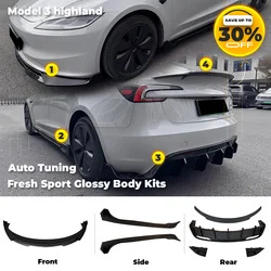 Fresh Aero For Tesla Model 3 Highland 2023-202 Body Kits Glossy Carbon Black Bumper Lip Rear Diffuser Spoiler Tuning Accessories