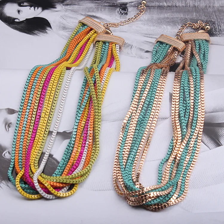 

European and American e-commerce color woven multi-layer short collarbone necklace women's exaggerated fashion Korean accessorie