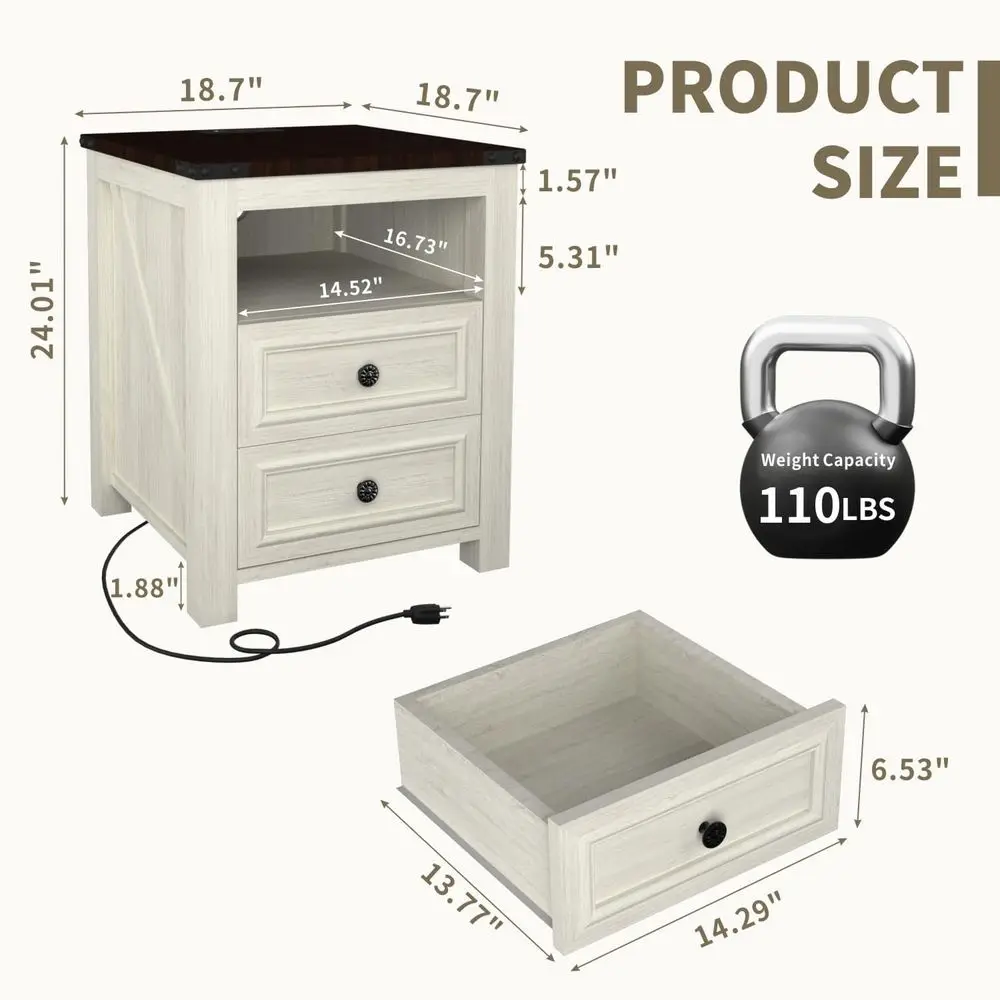 Night Stand Set of 2 with Charging Station, Rustic 18 Inch Bedside Table with 2 Storage Drawers and Open Shelf, Modern Wood End - view 4