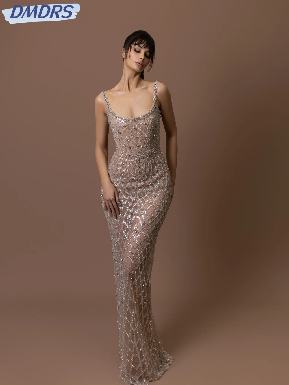 

Silver Crystal Sheath Long Evening Dress Illusion Spaghetti Straps Wedding Party Gown Customized Exquisite Shiny Prom Dresses
