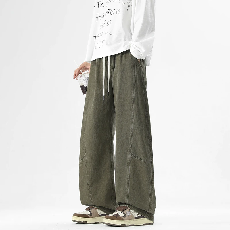 【Mirrordust】Pantalones informales elásticos americanos de calle alta, pantalones de pierna ancha rectos sueltos de estilo japonés y coreano para hombres