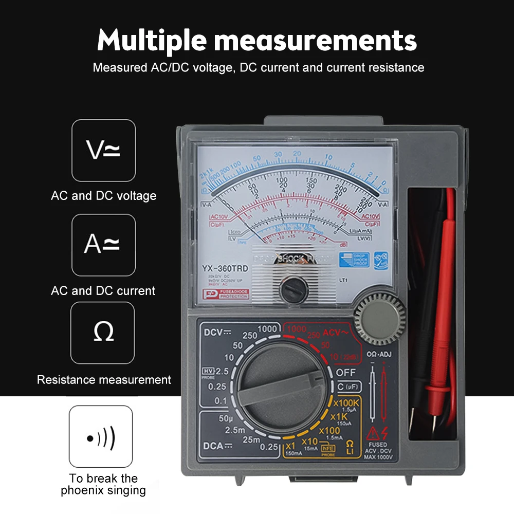Imagem -06 - Analógico Multímetro com Sonda de Teste ac dc Tensão Atual Ponteiro Multi Meter Tester Diodo de Alta Precisão Ohm Tester Yx360trd