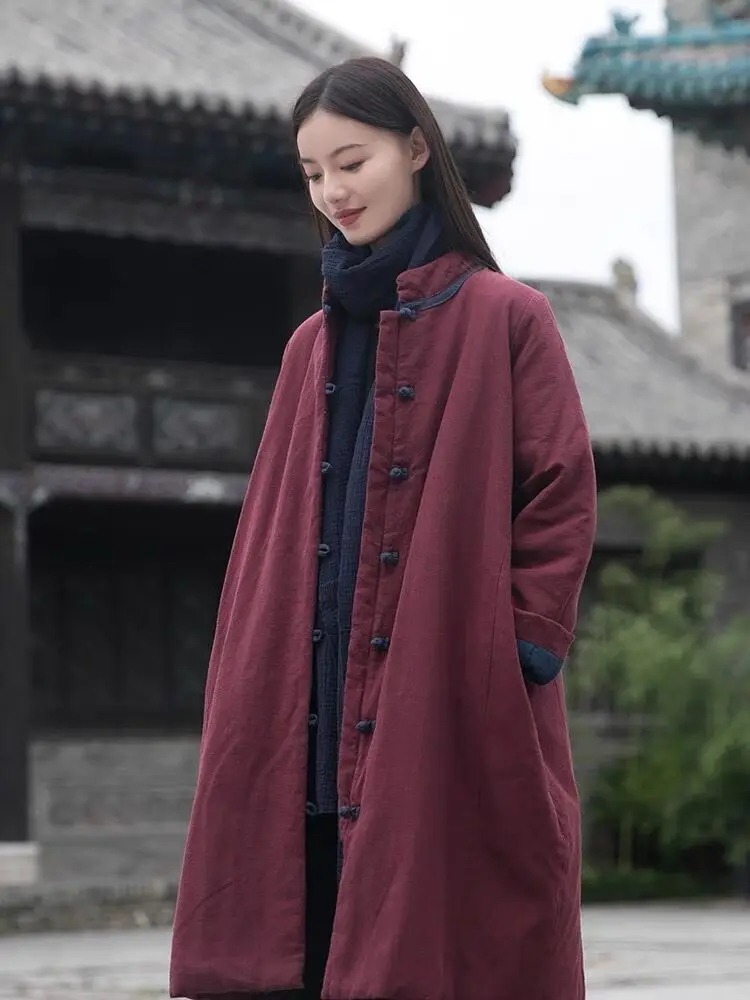 

Thiened Хлопковое женское теплое пальто средней длины на пуговицах однотонное зимнее пальто в китайском стиле с вышивкой в стиле пэчворк