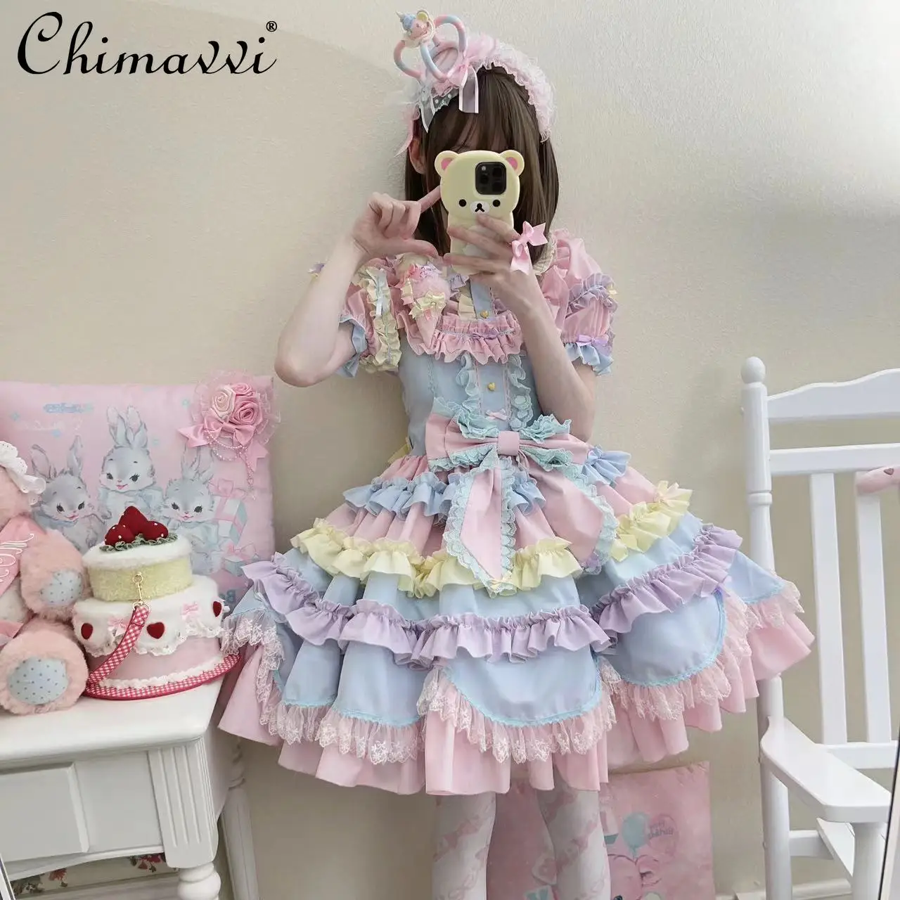 

Original Dopamine Rainbow Color Dress Sets Lolita Sweet Cute Short Sleeve Shirt Tops Bow JSK Dress Girly Women's Two-Piece Set