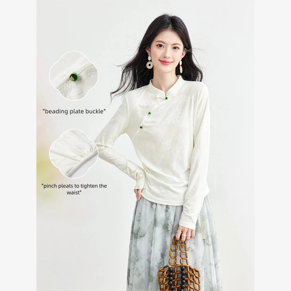 VIMLY New Chinese Style Blouse Women 2026 Fall Jade Button Jacquard Slim-fit Shirt Elegant Fashion Long Sleeve Tops Female A7137