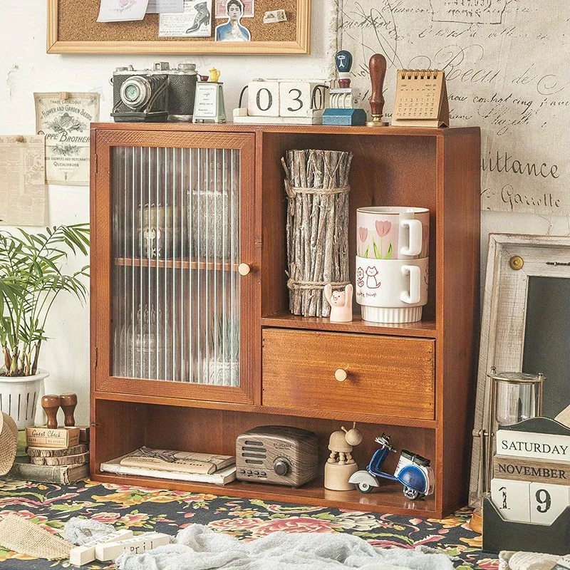 

Retro Tabletop Display Cabinet - 3-Tier Glass & Wood Storage Rack for Tea Sets,Vintage Desktop Organizer with Adjustable Shelves