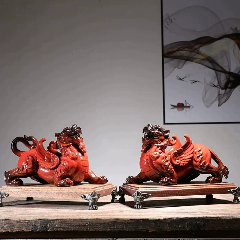 Ceramics Pixiu Wealth Statue Pair， Large Pixiu Figurines Male and Female for Office Desk， Feng Shui Fortune Protector Business O