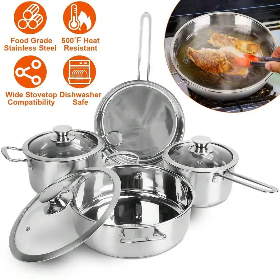 Stainless Steel Cookware Set Fast Even Heat Induction Pots Pans Set Dishwasher With 2.7/3.7 Quart Stockpot 2 Quart Saucepan 9.17