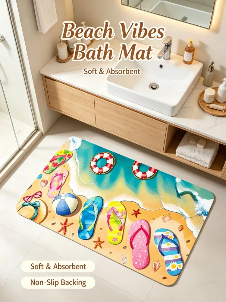 Tropical Ocean Rectangle Bathroom Rug, Beach Ball Straw Hat Sunglasses Summer Flipflop Anti-Skid Quick Dry Floor Mat for Washroo
