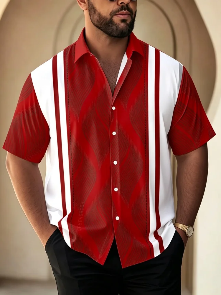 Men's red and white contrasting vertical stripe splicing print lapel short sleeved shirt casual party trendy men's top