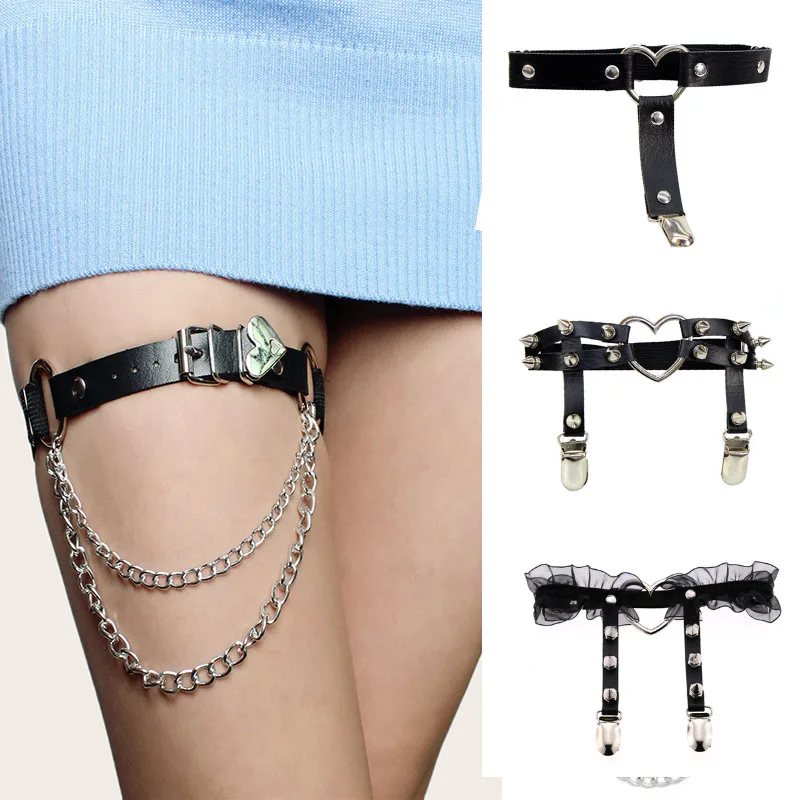 Women Elastic Leather Garter Belts Heart Leg Neck Ring Punk Girls Adjustable Thigh Stokings Socks Clip Harness Garter Suspender