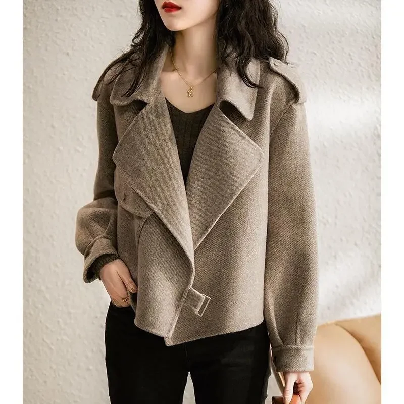 Women\'s Coat Woolen Blends Long Sleeve Autumn Short Coats Office Lady Turn-down Collar Thick Loose Winter Jackets for Women 2023