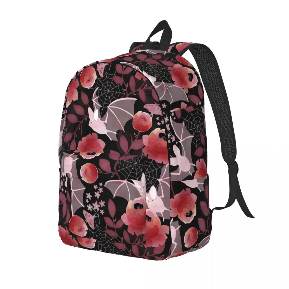 Pastel Bat Floral Black Background Backpack Daypack Large Capacity Children BookBag School Bag Shoulder Bags for Boys Girls