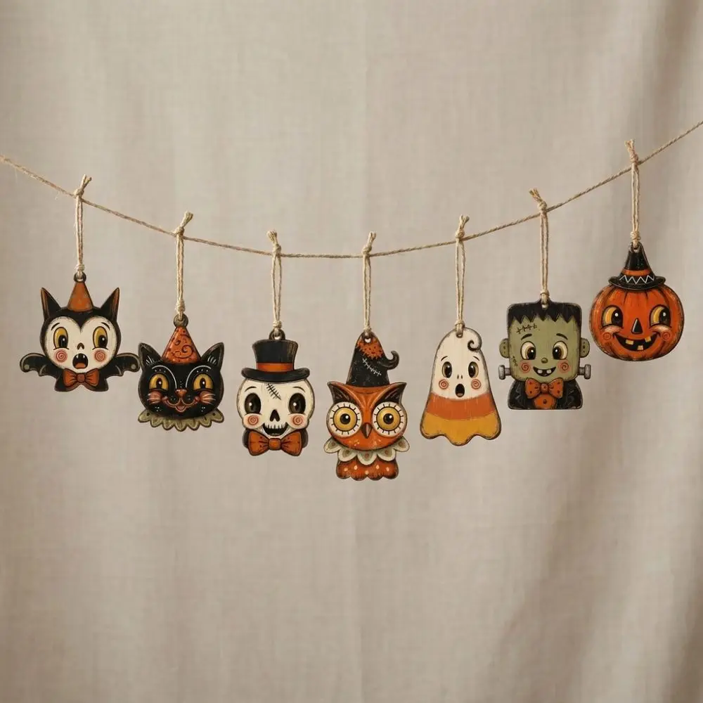 Vintage Style Halloween Pumpkin Ghost Pendant Trick or Treat Distressed Painted Owls Bat Hanging Decoration Rustic Cartoon