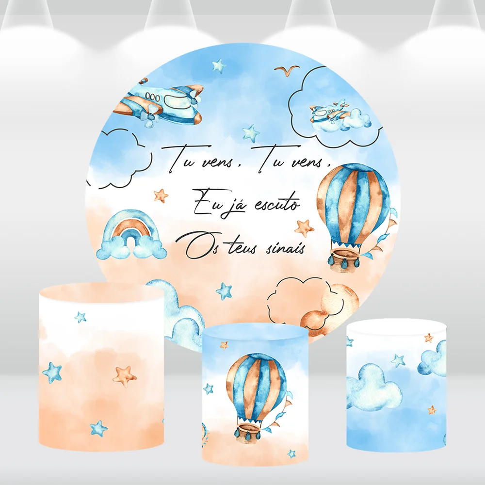 Hot Air Balloons Newborn Round Backdrop Airplane Welcoming Baby Boy Circle Background Photobooth Candy Table Cylinder Covers