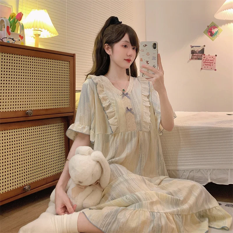 夏用寝間着 レディース 半袖 純綿ガーゼ 薄手 大きいサイズ 妊婦用ナイトガウン 甘いロングプリント Vネック 1