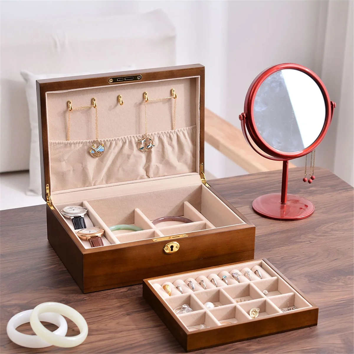 ABQR Деревянная винтажная шкатулка для хранения ювелирных изделий с запирающейся крышкой, шкатулка для драгоценностей из цельного дерева с откидной крышкой, большая вместимость, ящик для хранения с отделением