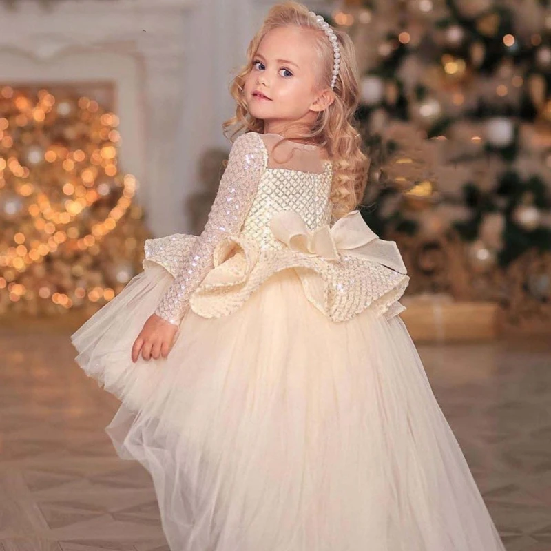 Customized Flower Girl Dresses Beige Tulle Sequin With Tailing Bow Long Sleeve For Wedding Birthday Party First Communion Gown