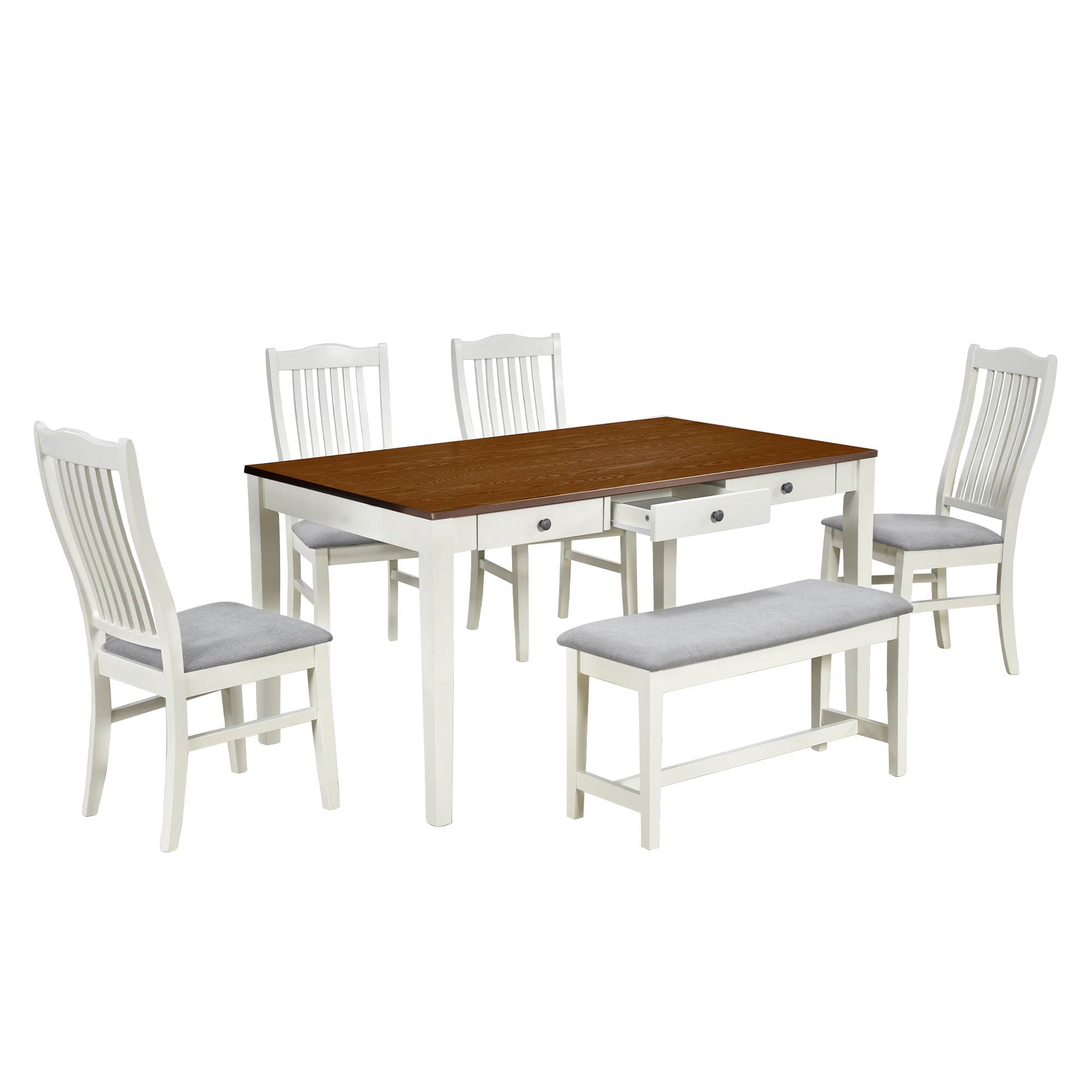 

Mid-Century 6-Piece Wood Dining Table Set, Kitchen Table Set with Drawer, Upholstered Chairs and Bench, Butter Milk