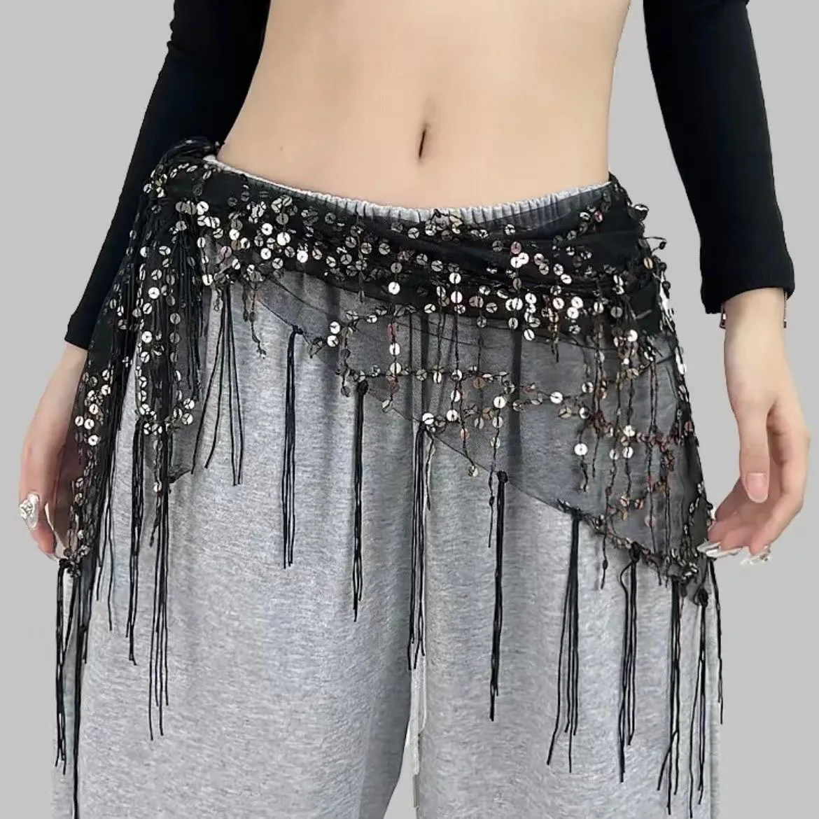 

Viral TikTok Dance Hip Scarf Jazz Streetwear Sequined Waist Chain Versatile Triangle Fringe Wrap Sparkling Dance Accessory