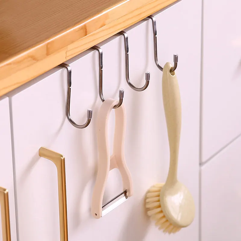 Stainless Steel Over Door Hook Punch Free Double S Hook Silicone Tip Hanger Kitchen Bathroom Cabinet Drawer Towel Utensil Storag