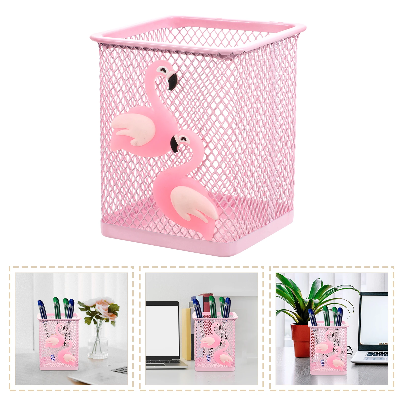 

2pcs Cartoon Pencil Holder Metal Mesh Pen Cup Square Flamingo Design Desk ganizer Storage Cute Stationery Container